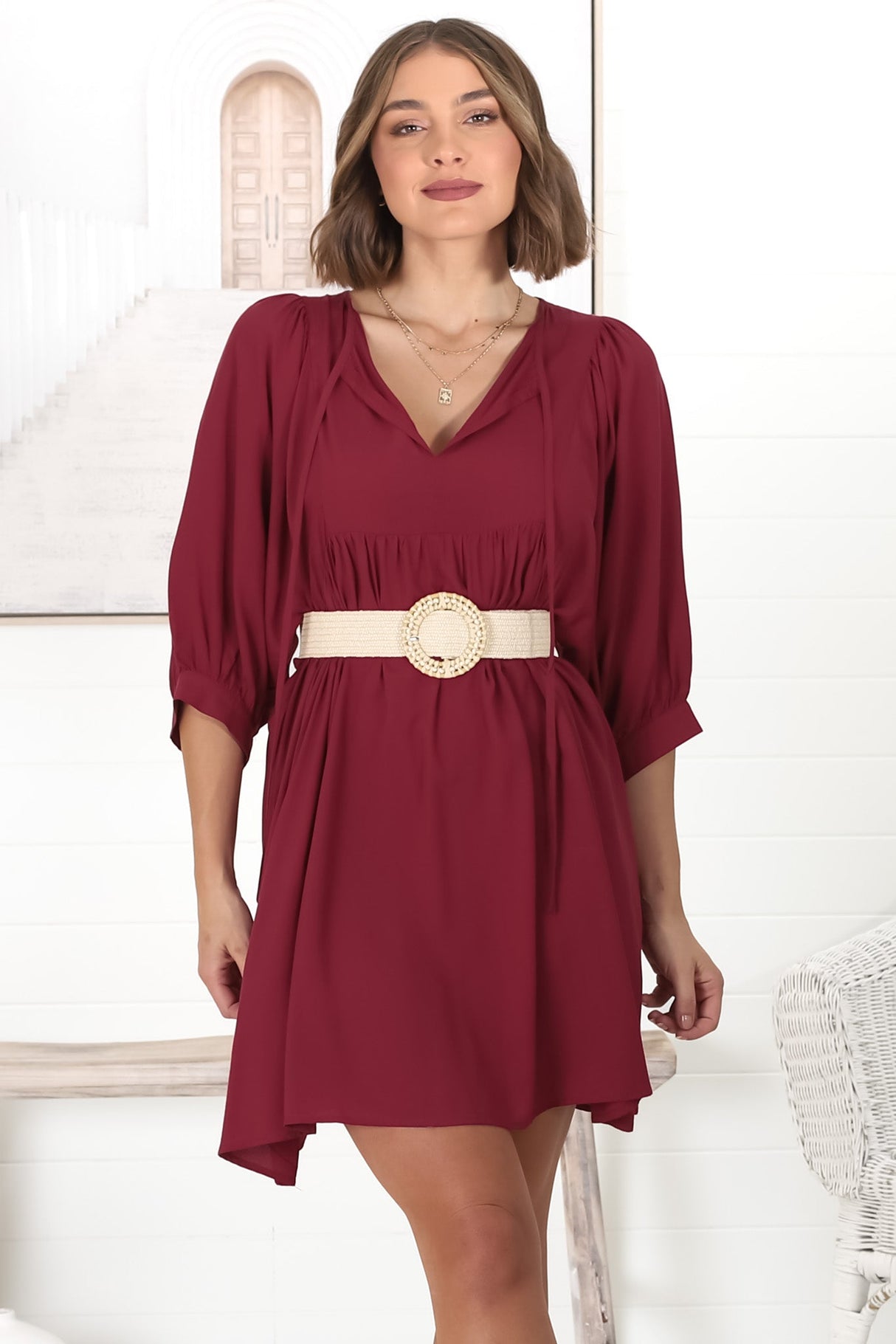 Mariah Mini Dress - V Neck Smock Dress with Batwing Sleeves in Dark Red