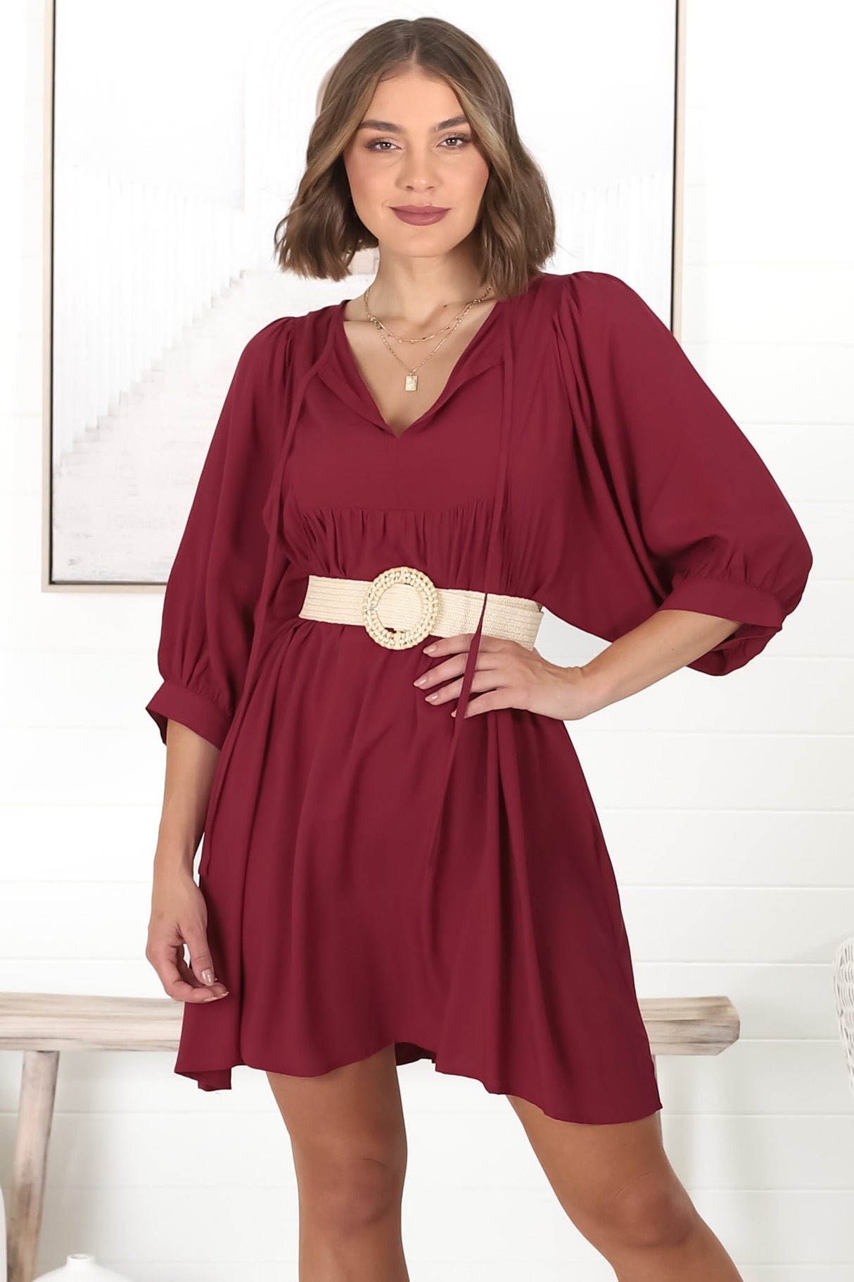 Mariah Mini Dress - V Neck Smock Dress with Batwing Sleeves in Dark Red