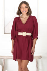 Mariah Mini Dress - V Neck Smock Dress with Batwing Sleeves in Dark Red