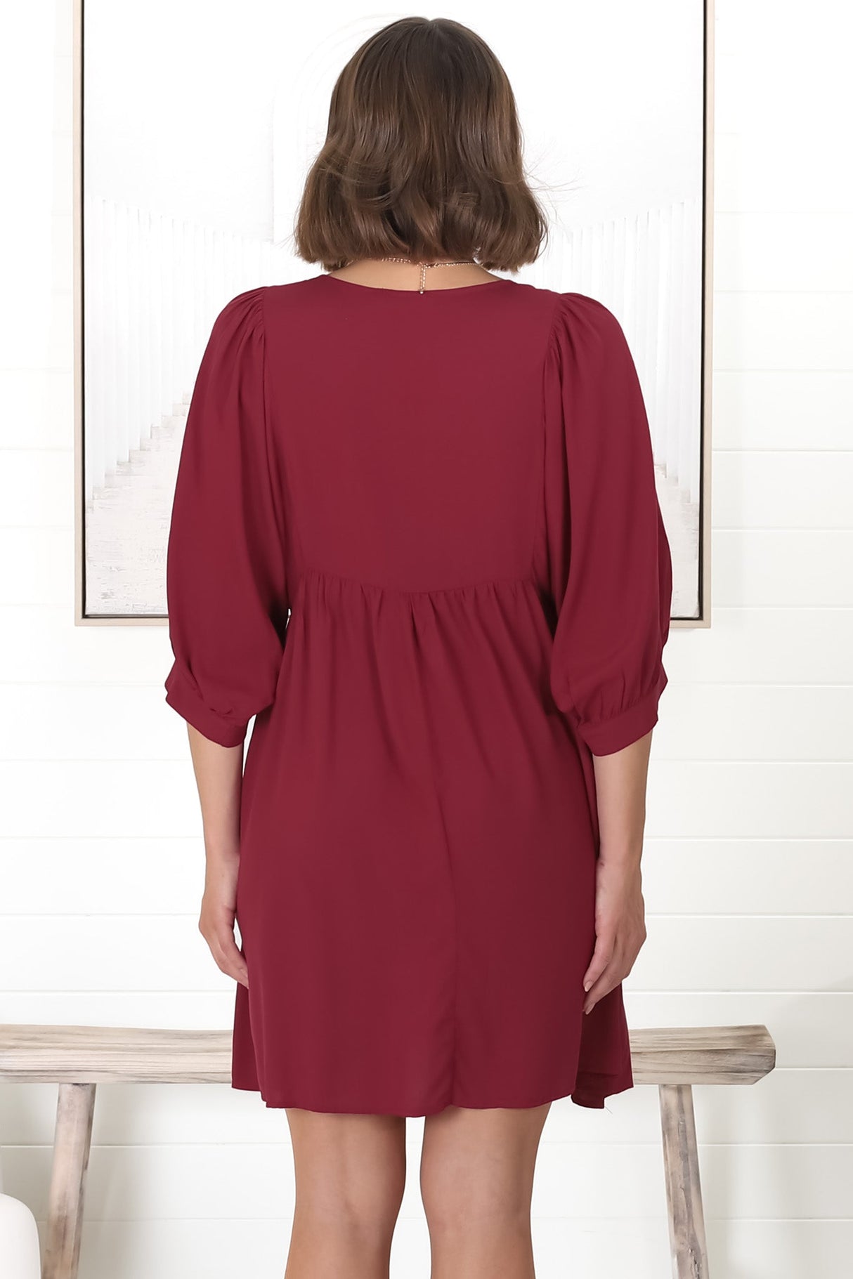 Mariah Mini Dress - V Neck Smock Dress with Batwing Sleeves in Dark Red