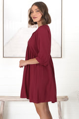 Mariah Mini Dress - V Neck Smock Dress with Batwing Sleeves in Dark Red