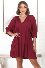 Mariah Mini Dress - V Neck Smock Dress with Batwing Sleeves in Dark Red