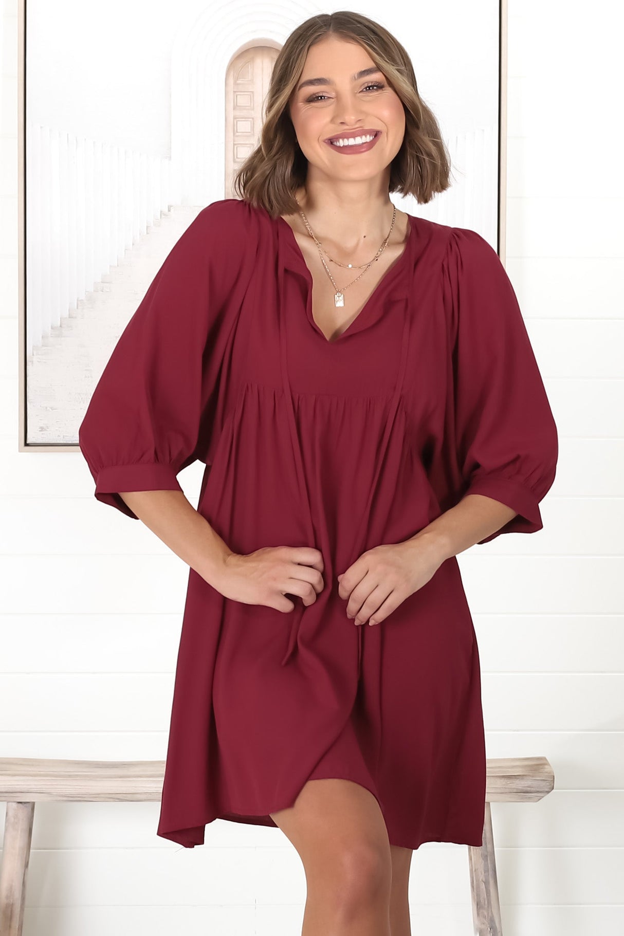 Mariah Mini Dress - V Neck Smock Dress with Batwing Sleeves in Dark Red