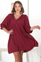 Mariah Mini Dress - V Neck Smock Dress with Batwing Sleeves in Dark Red