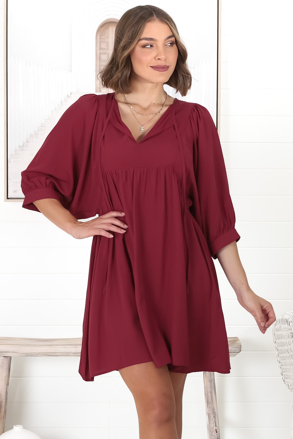 Mariah Mini Dress - V Neck Smock Dress with Batwing Sleeves in Dark Red