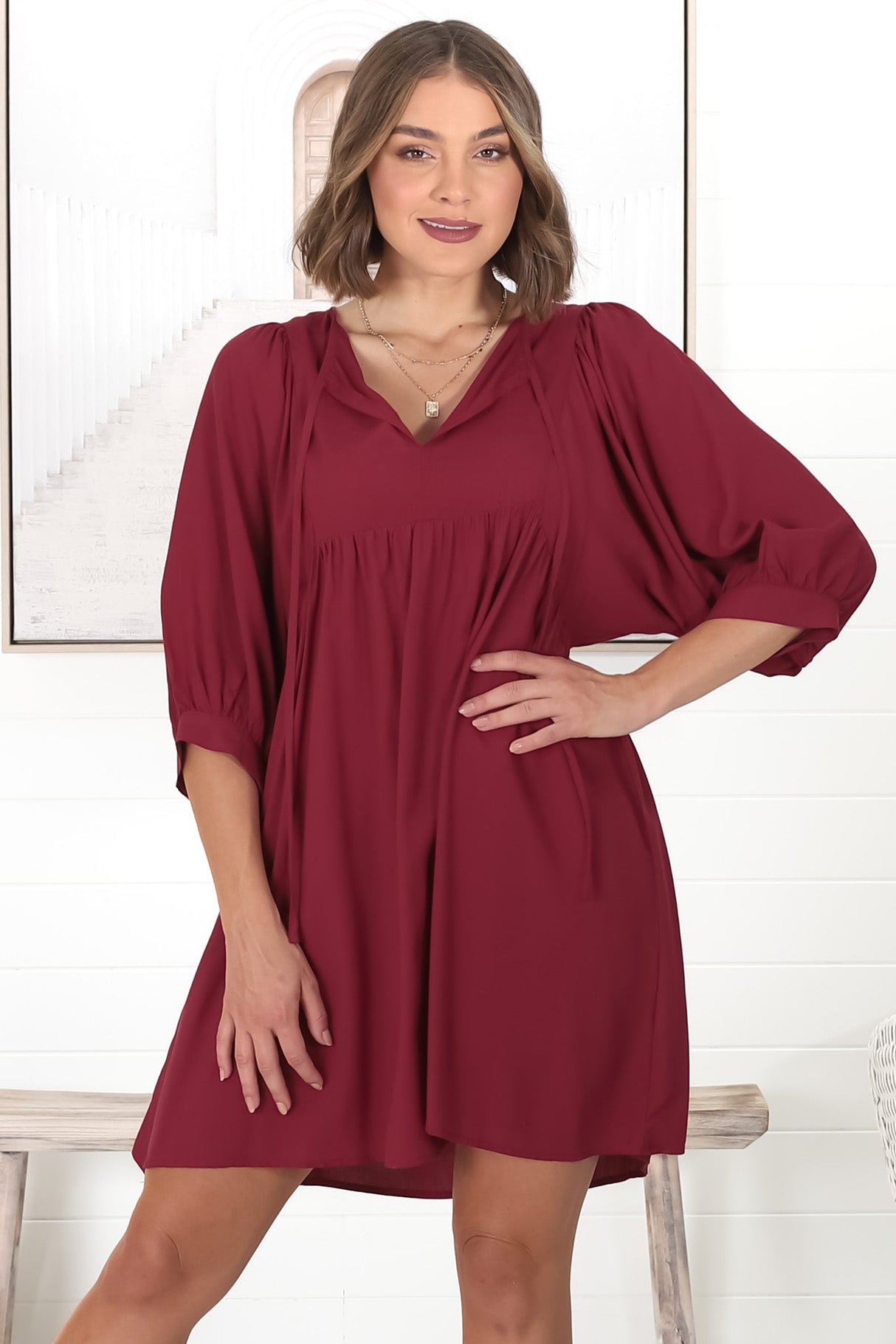 Mariah Mini Dress - V Neck Smock Dress with Batwing Sleeves in Dark Red