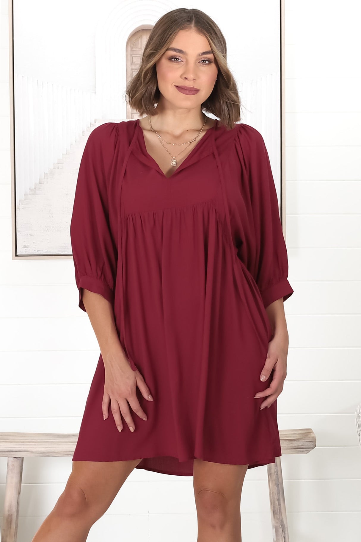 Mariah Mini Dress - V Neck Smock Dress with Batwing Sleeves in Dark Red