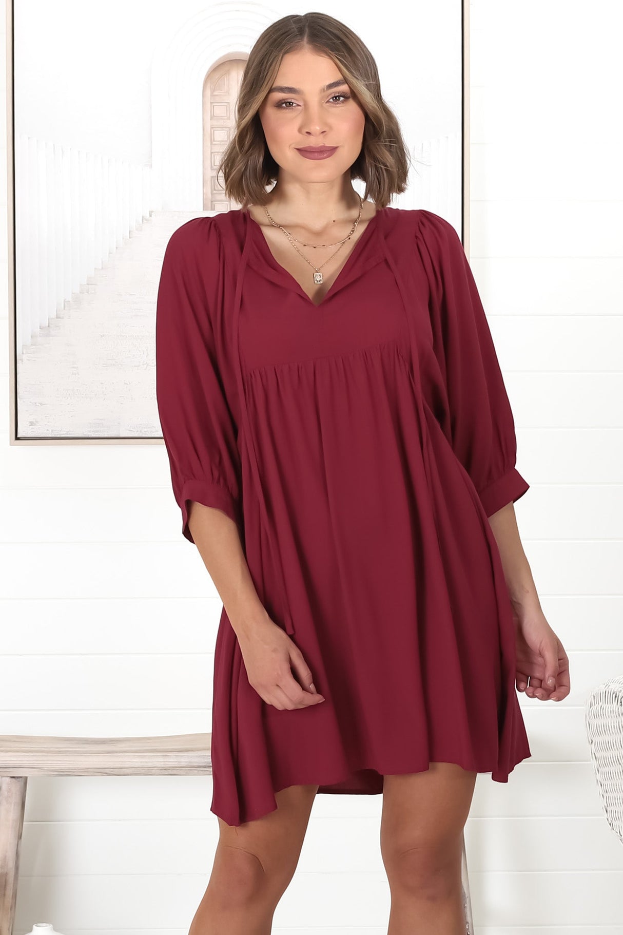 Mariah Mini Dress - V Neck Smock Dress with Batwing Sleeves in Dark Red