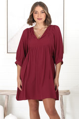 Mariah Mini Dress - V Neck Smock Dress with Batwing Sleeves in Dark Red