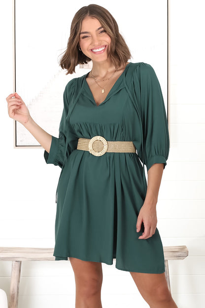 Mariah Mini Dress - V Neck Smock Dress with Batwing Sleeves in Emerald