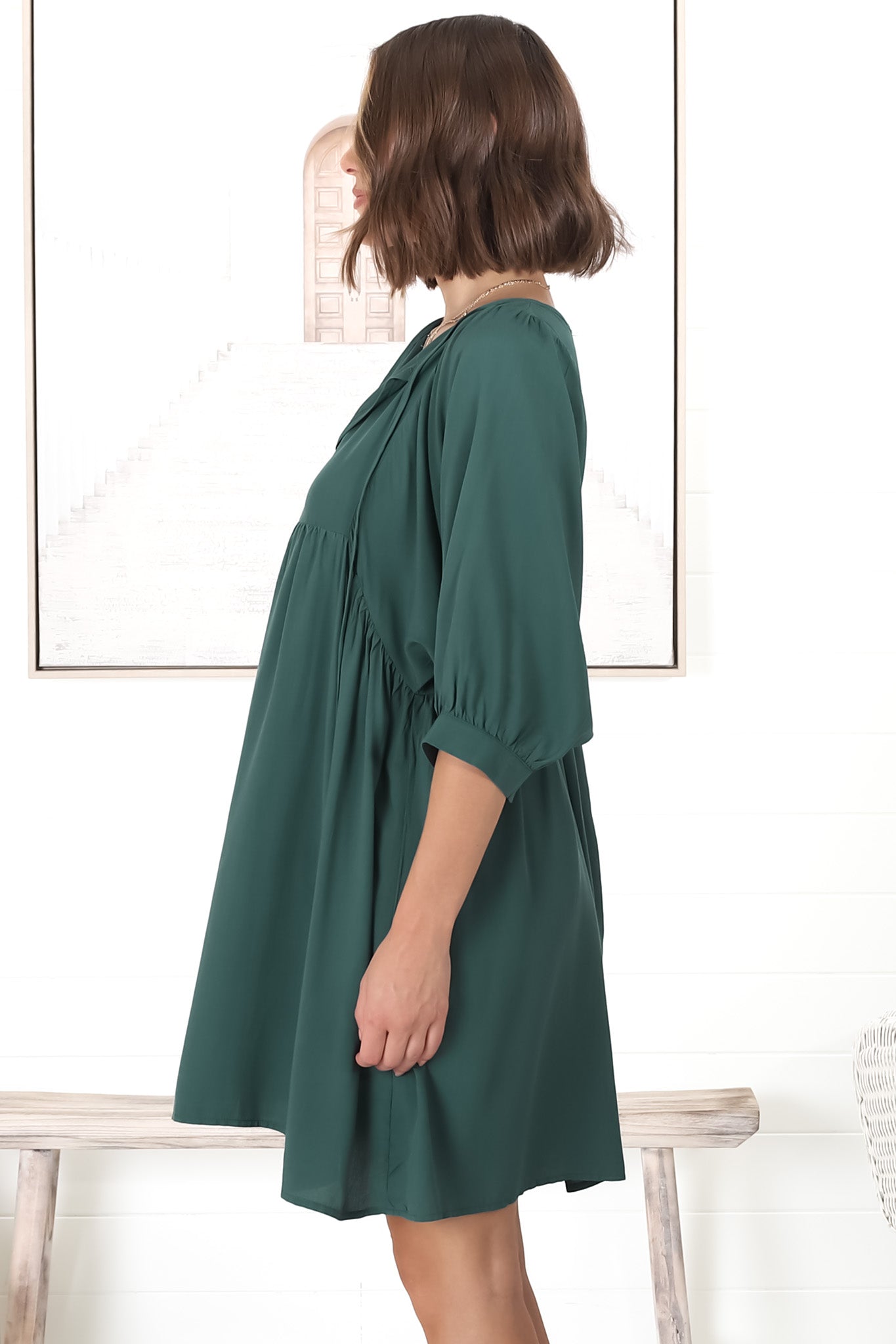 Mariah Mini Dress - V Neck Smock Dress with Batwing Sleeves in Emerald