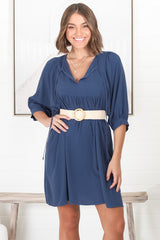 Mariah Mini Dress - V Neck Smock Dress with Batwing Sleeves in Navy