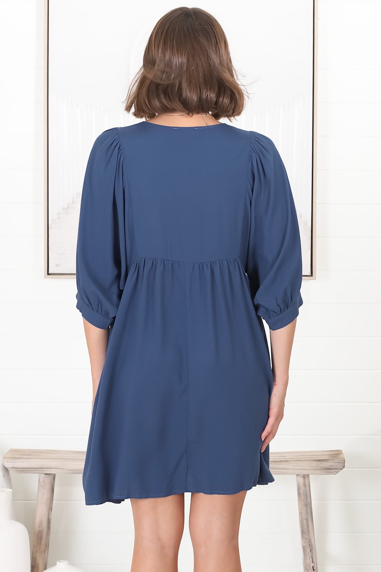 Mariah Mini Dress - V Neck Smock Dress with Batwing Sleeves in Navy