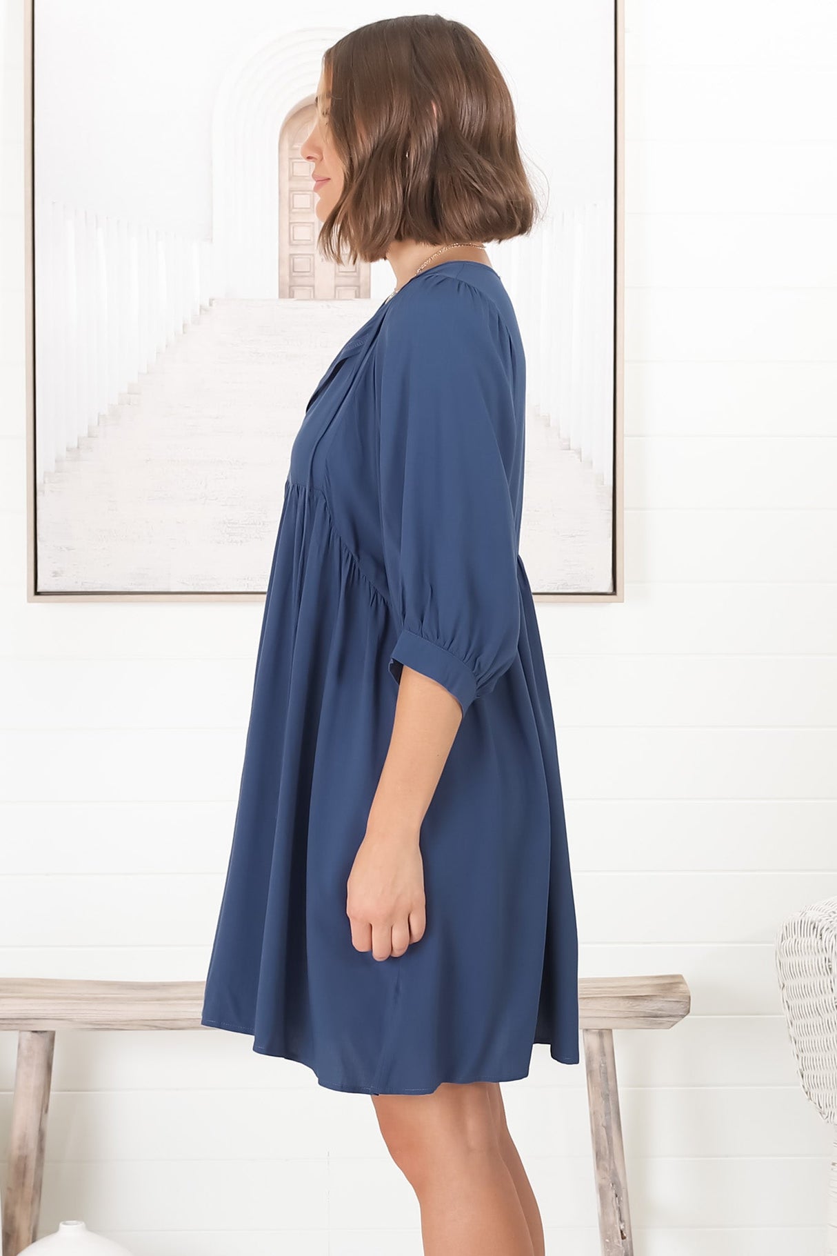 Mariah Mini Dress - V Neck Smock Dress with Batwing Sleeves in Navy