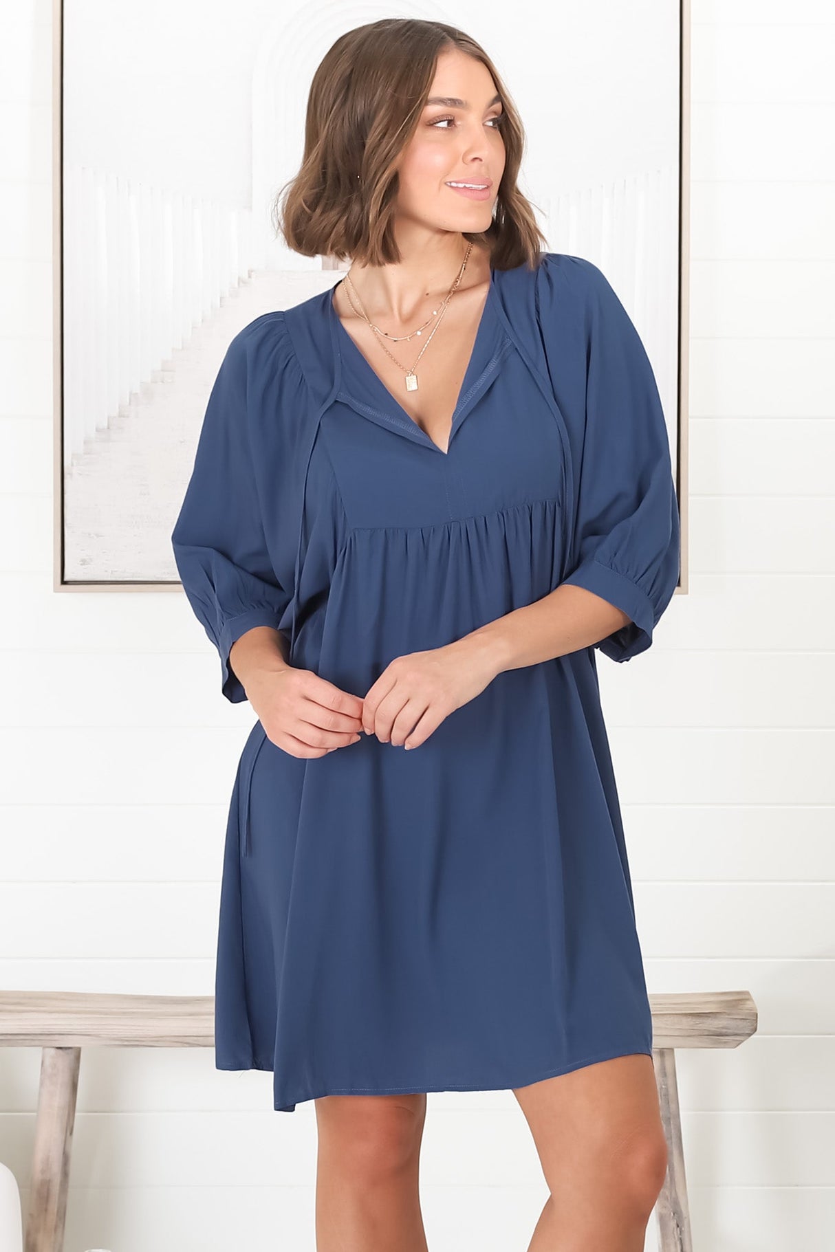 Mariah Mini Dress - V Neck Smock Dress with Batwing Sleeves in Navy