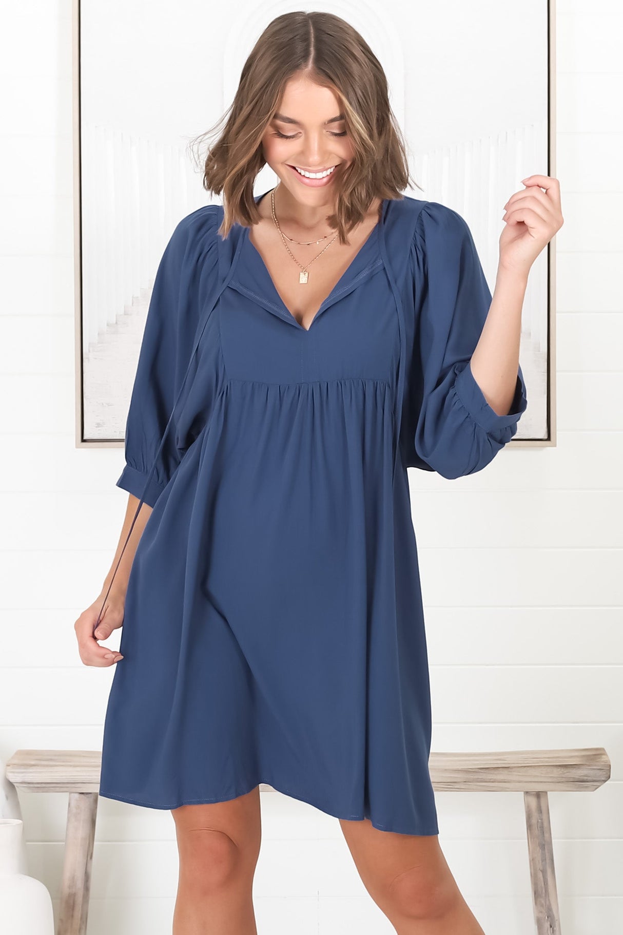 Mariah Mini Dress - V Neck Smock Dress with Batwing Sleeves in Navy