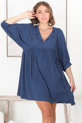 Mariah Mini Dress - V Neck Smock Dress with Batwing Sleeves in Navy