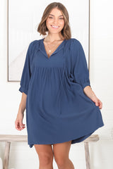 Mariah Mini Dress - V Neck Smock Dress with Batwing Sleeves in Navy