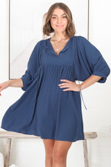 Mariah Mini Dress - V Neck Smock Dress with Batwing Sleeves in Navy