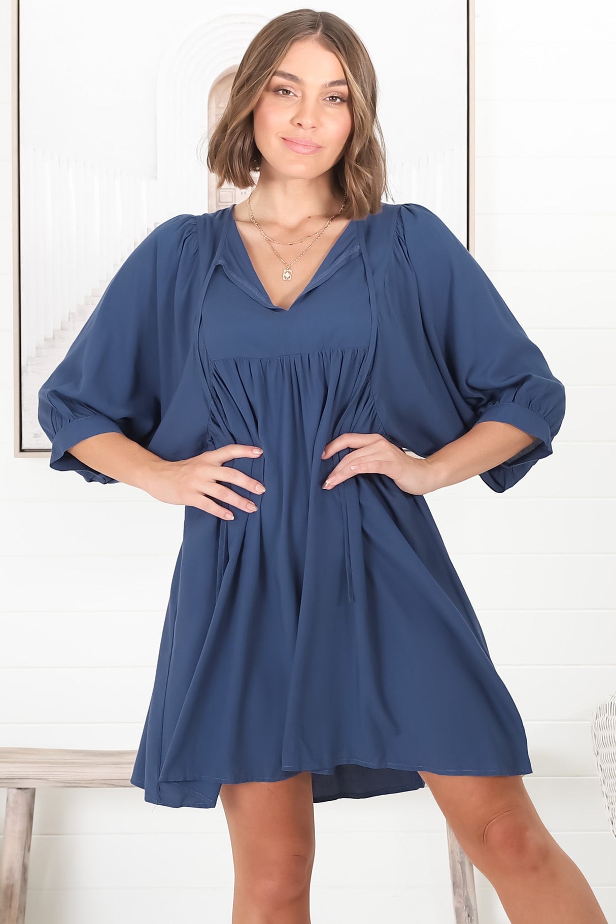 Mariah Mini Dress - V Neck Smock Dress with Batwing Sleeves in Navy