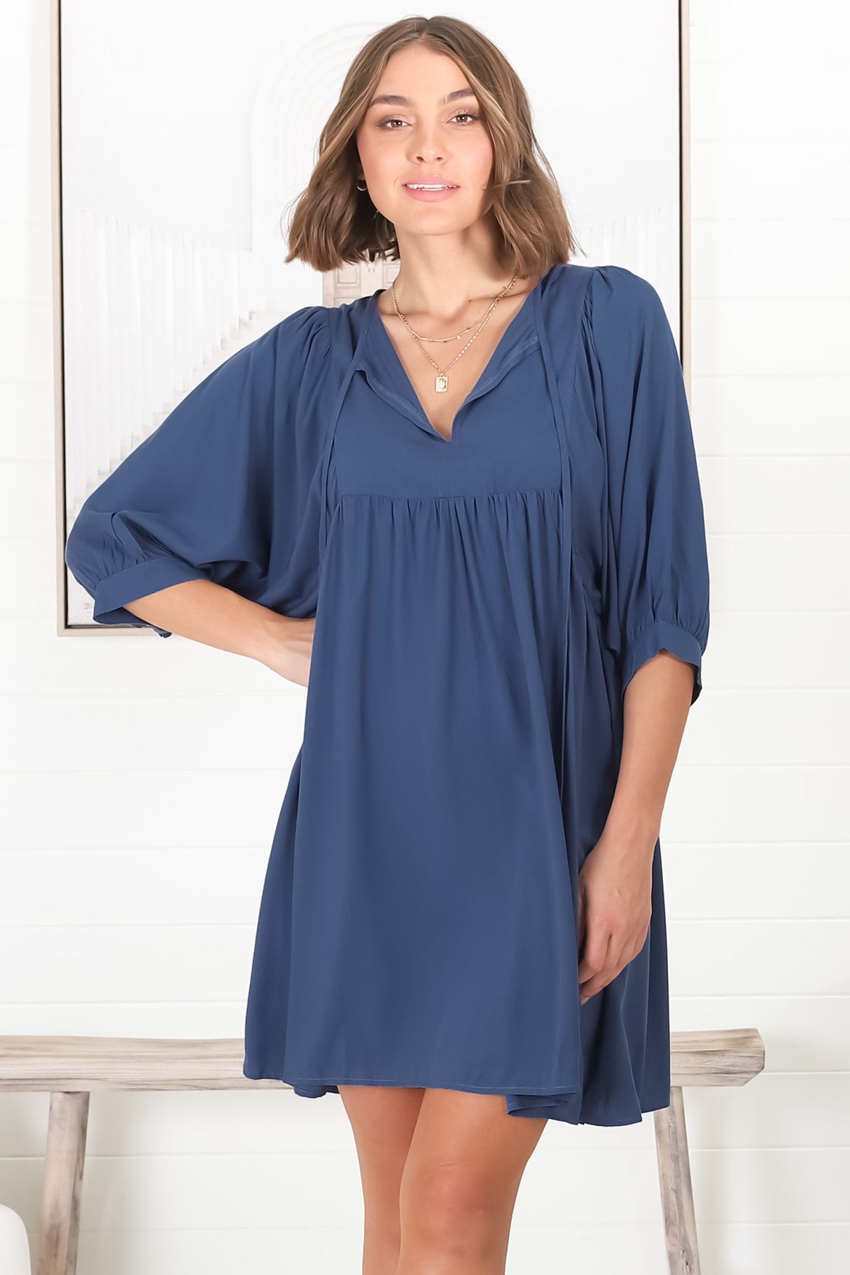 Mariah Mini Dress - V Neck Smock Dress with Batwing Sleeves in Navy