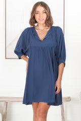 Mariah Mini Dress - V Neck Smock Dress with Batwing Sleeves in Navy