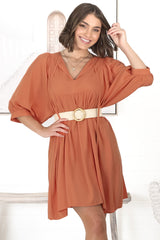 Mariah Mini Dress - V Neck Smock Dress with Batwing Sleeves in Tangerine