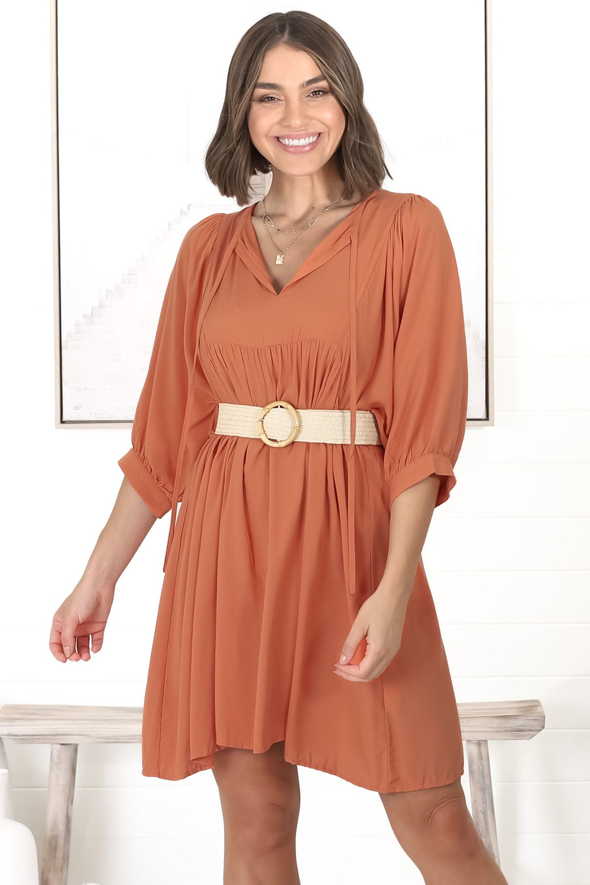 Mariah Mini Dress - V Neck Smock Dress with Batwing Sleeves in Tangerine