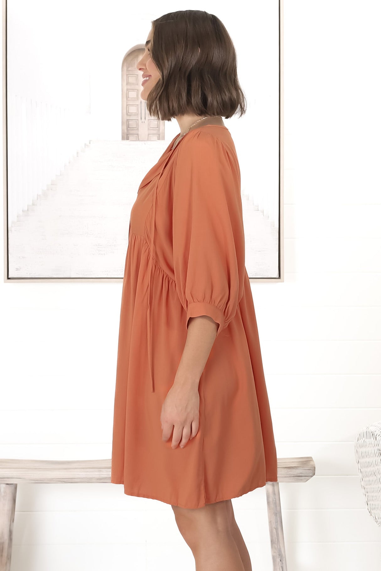 Mariah Mini Dress - V Neck Smock Dress with Batwing Sleeves in Tangerine