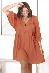 Mariah Mini Dress - V Neck Smock Dress with Batwing Sleeves in Tangerine