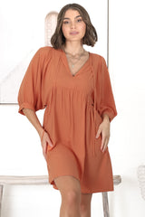 Mariah Mini Dress - V Neck Smock Dress with Batwing Sleeves in Tangerine