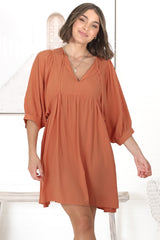 Mariah Mini Dress - V Neck Smock Dress with Batwing Sleeves in Tangerine