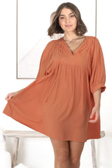 Mariah Mini Dress - V Neck Smock Dress with Batwing Sleeves in Tangerine