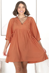 Mariah Mini Dress - V Neck Smock Dress with Batwing Sleeves in Tangerine