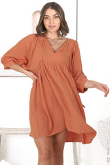 Mariah Mini Dress - V Neck Smock Dress with Batwing Sleeves in Tangerine