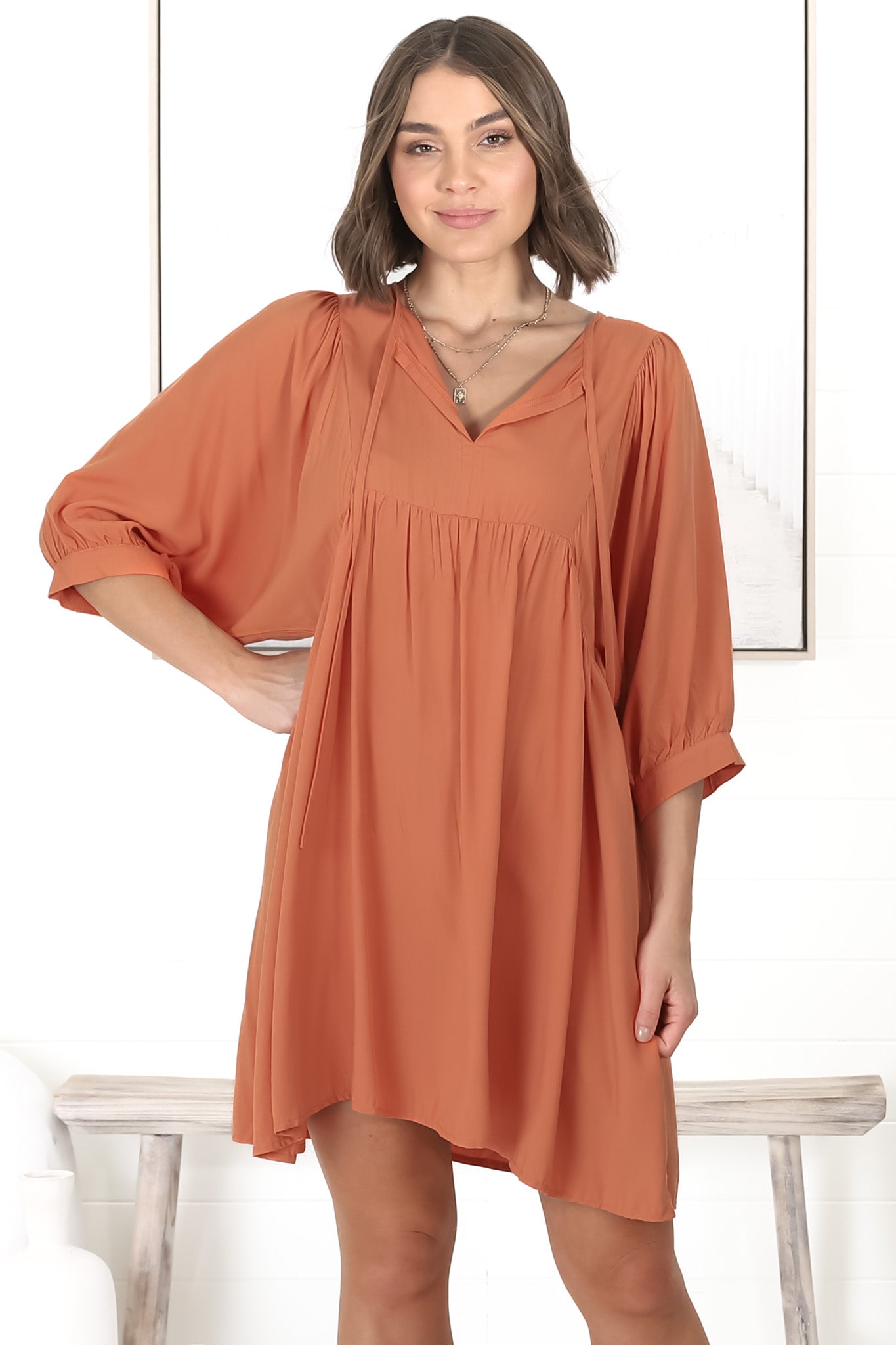 Mariah Mini Dress - V Neck Smock Dress with Batwing Sleeves in Tangerine