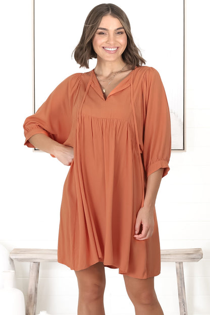 Mariah Mini Dress - V Neck Smock Dress with Batwing Sleeves in Tangerine