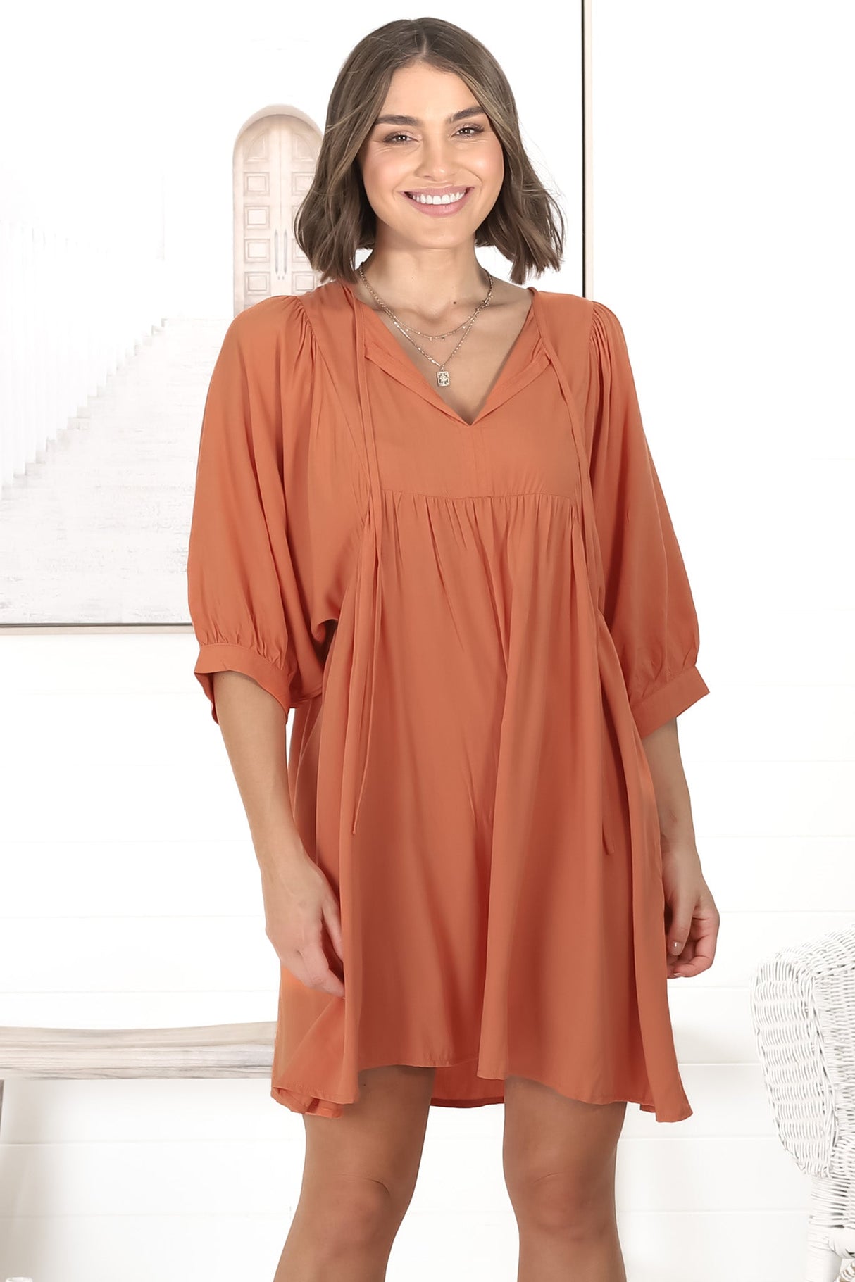 Mariah Mini Dress - V Neck Smock Dress with Batwing Sleeves in Tangerine