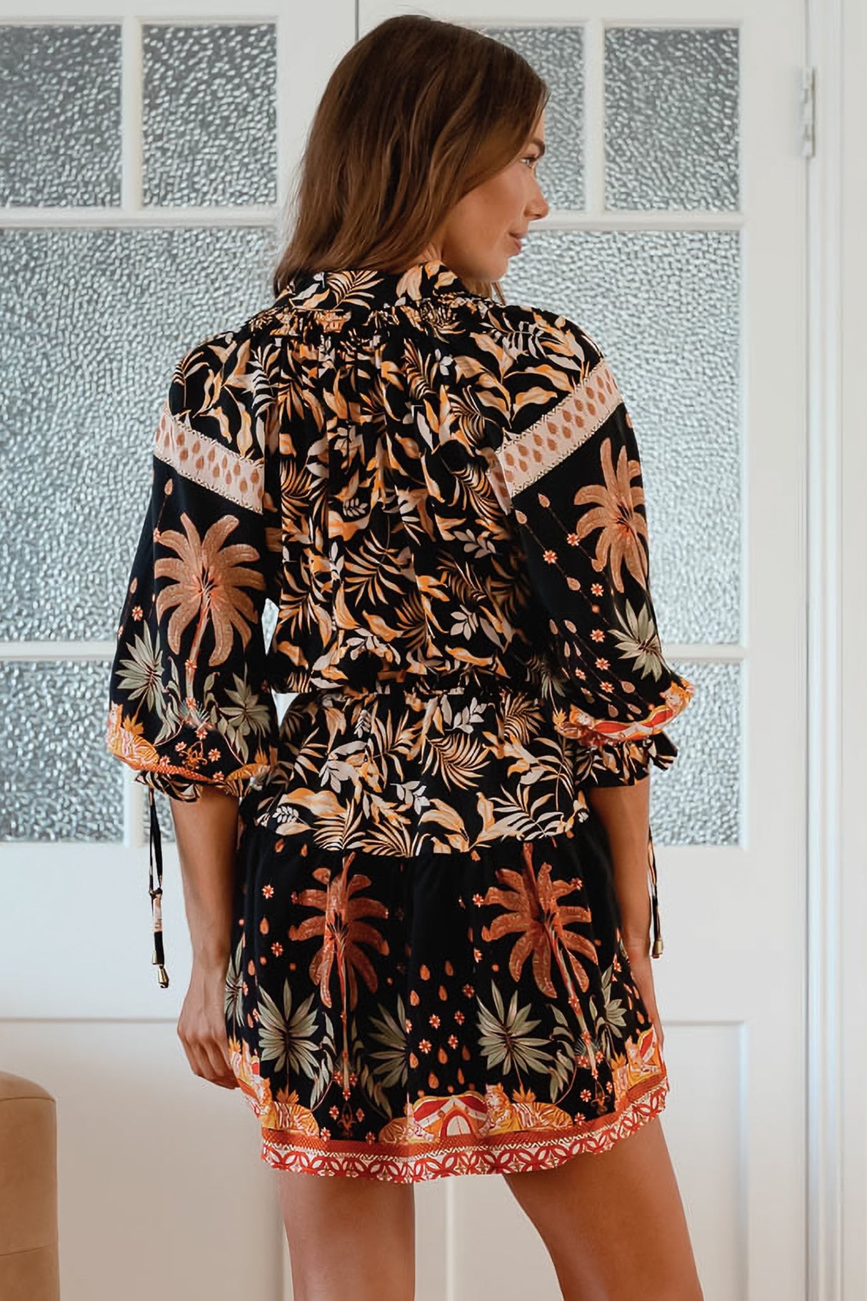 JAASE - Marice Mini Dress: Mandarin Collar V Neck Skater Dress in Jardin Print