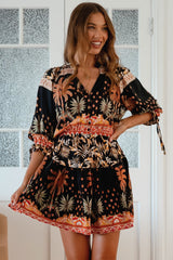 JAASE - Marice Mini Dress: Mandarin Collar V Neck Skater Dress in Jardin Print