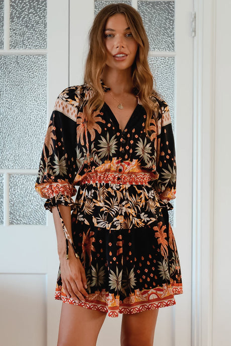 JAASE - Marice Mini Dress: Mandarin Collar V Neck Skater Dress in Jardin Print