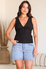 Mariella Top - Lace Trimmed V Neckline Ribbed Look Sleeveless Top with Tie Detail in Black