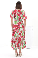 Marietta Maxi Dress - Buttoned Bodie A Line Dress With Short Balloon Sleeves in Primavera Print