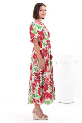 Marietta Maxi Dress - Buttoned Bodice A Line Dress With Short Balloon Sleeves in Primavera Print