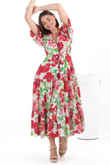 Marietta Maxi Dress - Buttoned Bodice A Line Dress With Short Balloon Sleeves in Primavera Print