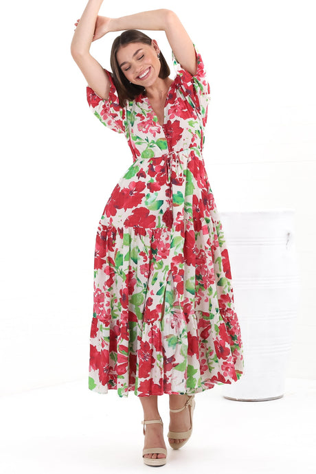 Marietta Maxi Dress - Buttoned Bodie A Line Dress With Short Balloon Sleeves in Primavera Print