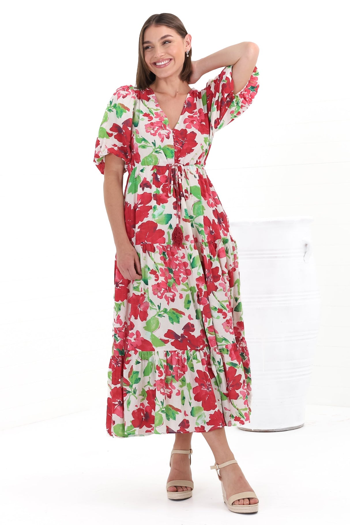 Marietta Maxi Dress - Buttoned Bodie A Line Dress With Short Balloon Sleeves in Primavera Print