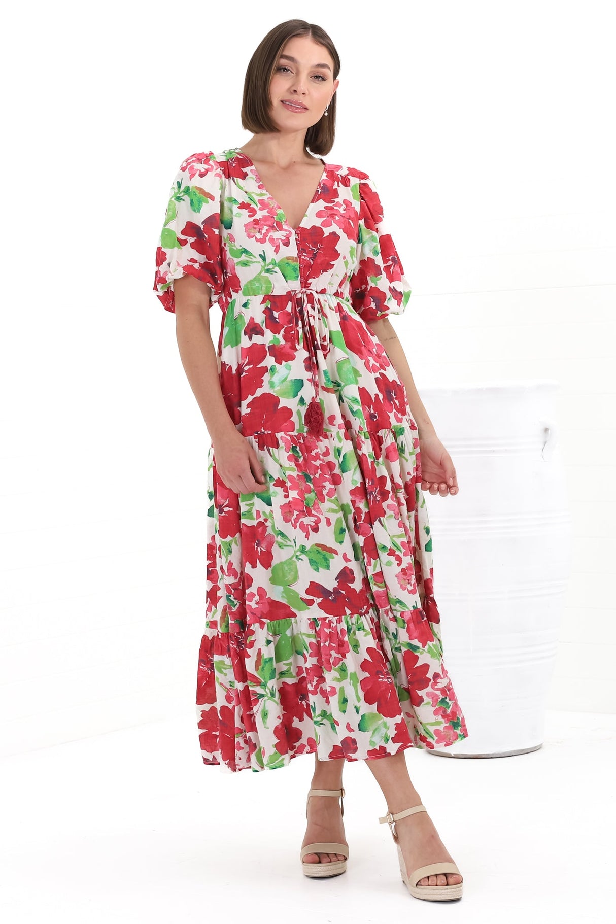 Marietta Maxi Dress - Buttoned Bodie A Line Dress With Short Balloon Sleeves in Primavera Print