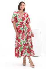 Marietta Maxi Dress - Buttoned Bodie A Line Dress With Short Balloon Sleeves in Primavera Print