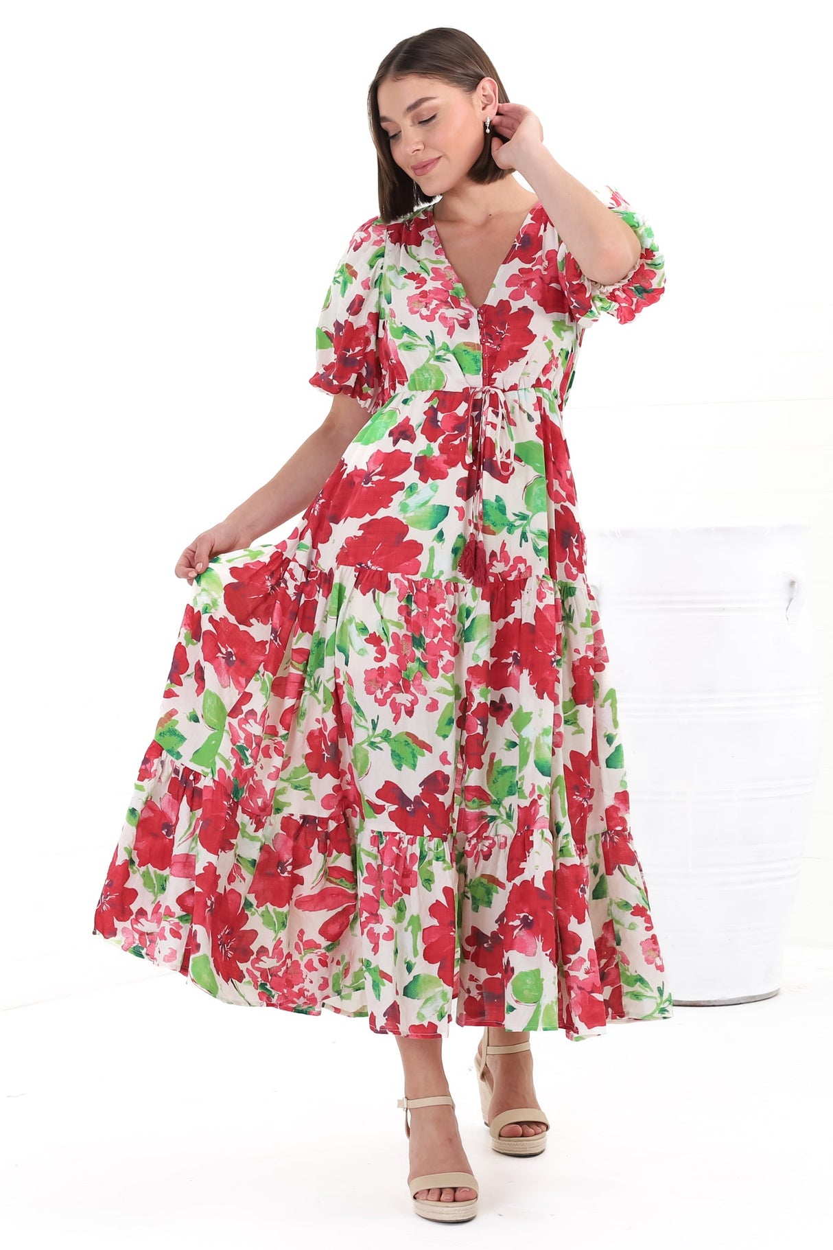 Marietta Maxi Dress - Buttoned Bodice A Line Dress With Short Balloon Sleeves in Primavera Print